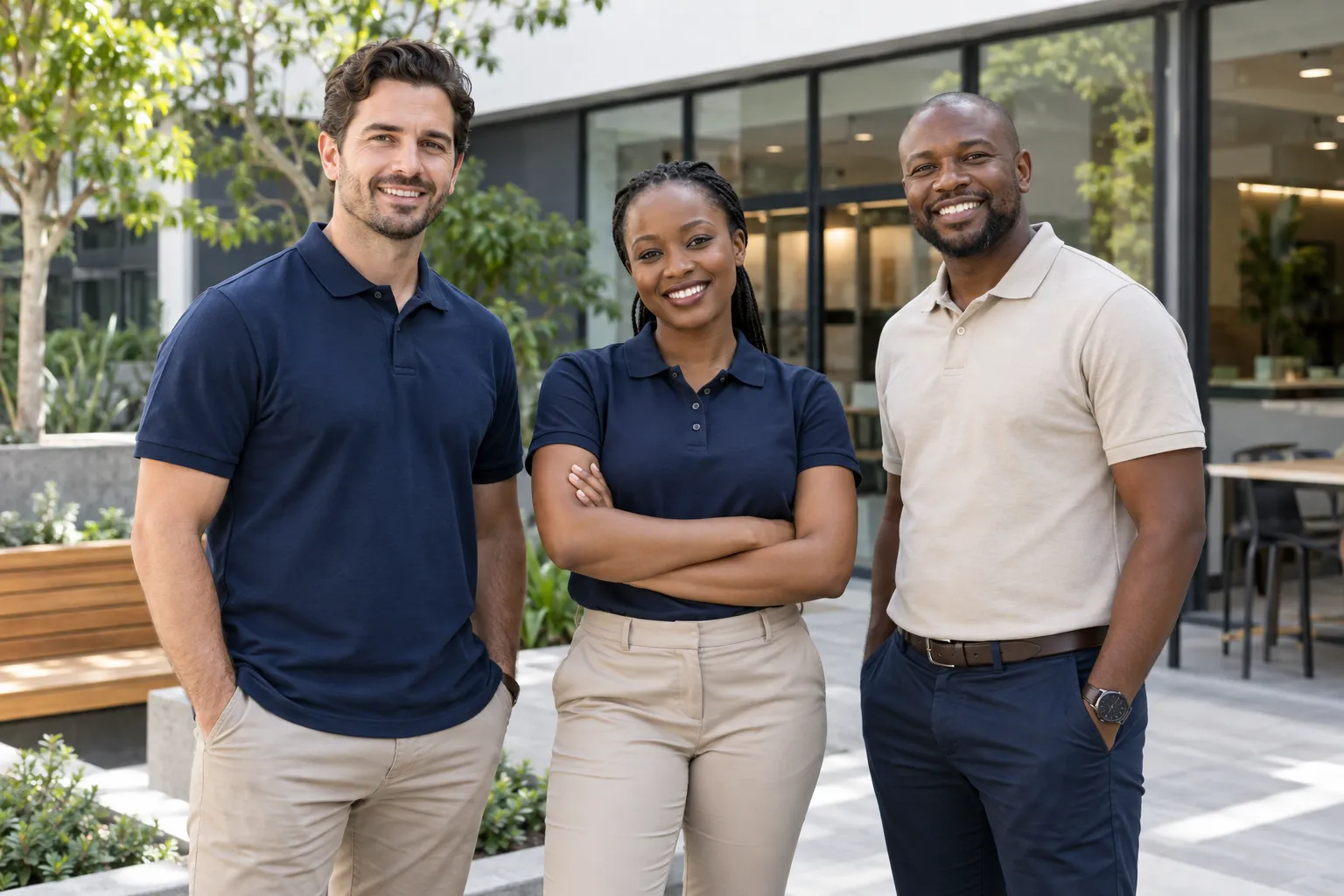 South African colleagues wearing plain polo shirts in a contemporary workplace courtyard
